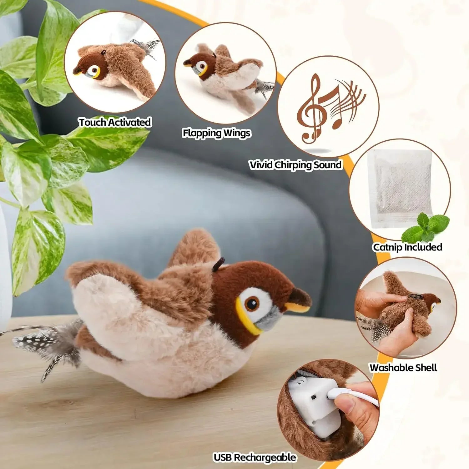 Interactive Cat Toys Rechargeable Flying Bird Cat Toy Chirping Flapping Bird